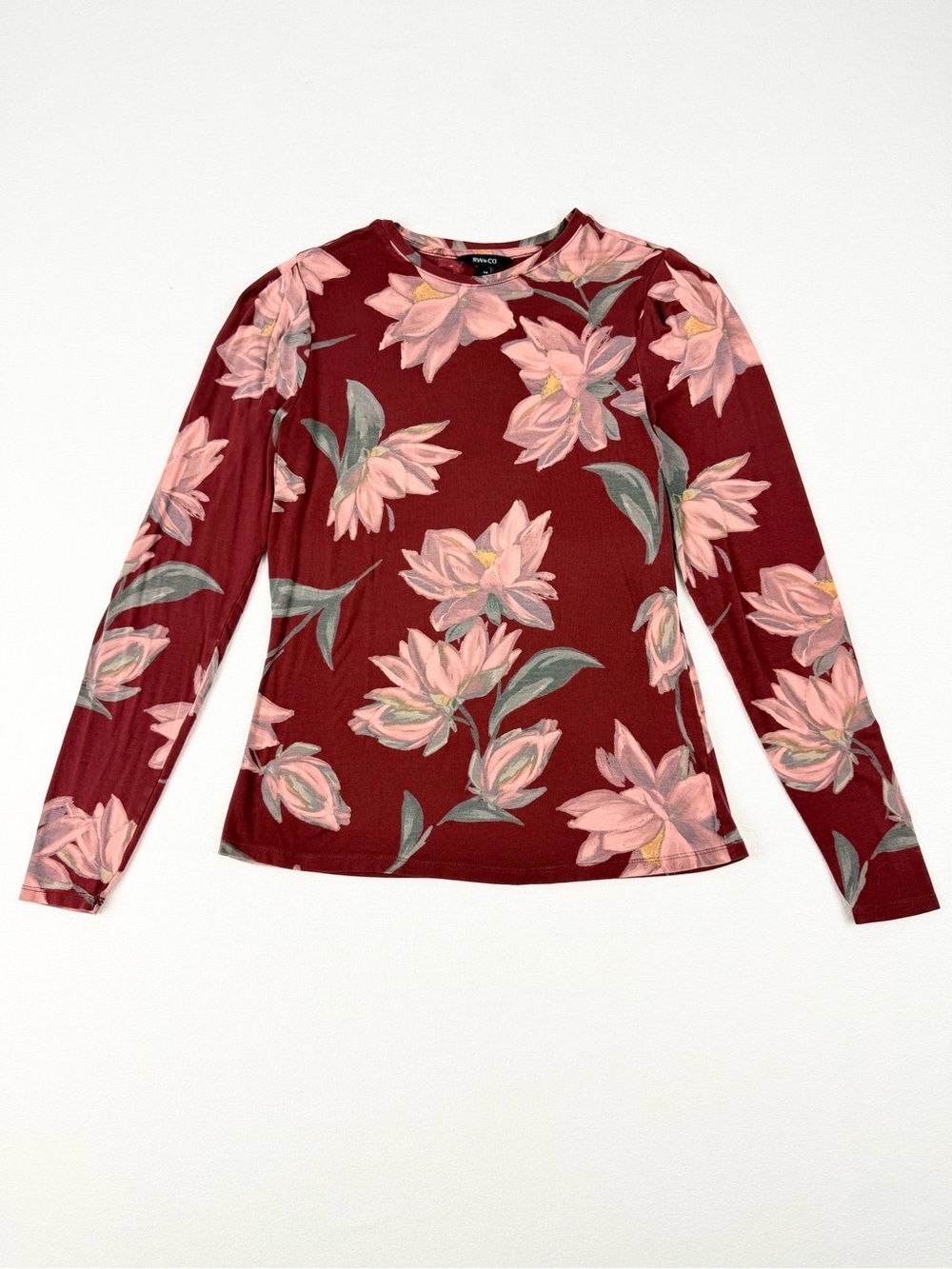RW&CO Burgundy Floral Top Long Sleeve Stretch Knit Size Small